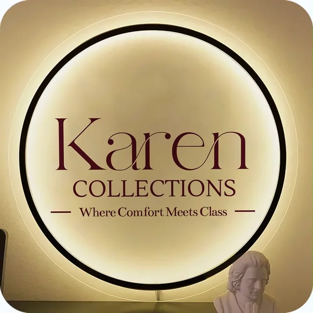 Circular halo-lit sign reading Karen Collections.