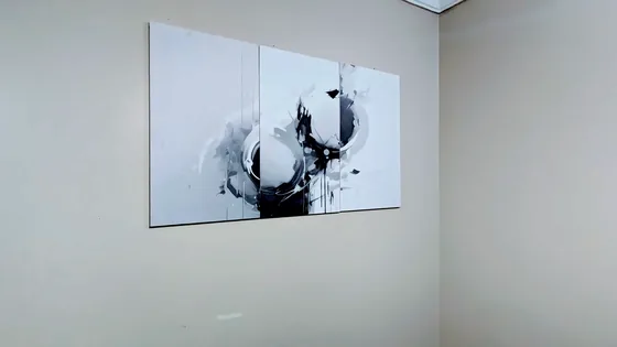 A black and white abstract print split across two wall panels.